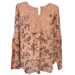 Ruff Hewn Peach Floral Rayon Lace Long Sleeve Boho Blouse Sz LP